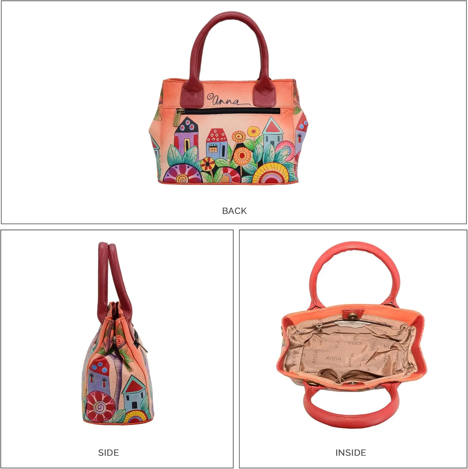 Anna by Anuschka Womens Hand Painted Genuine Leather Small Convertible Tote - Double Short Handle, Removable Crossbody Strap