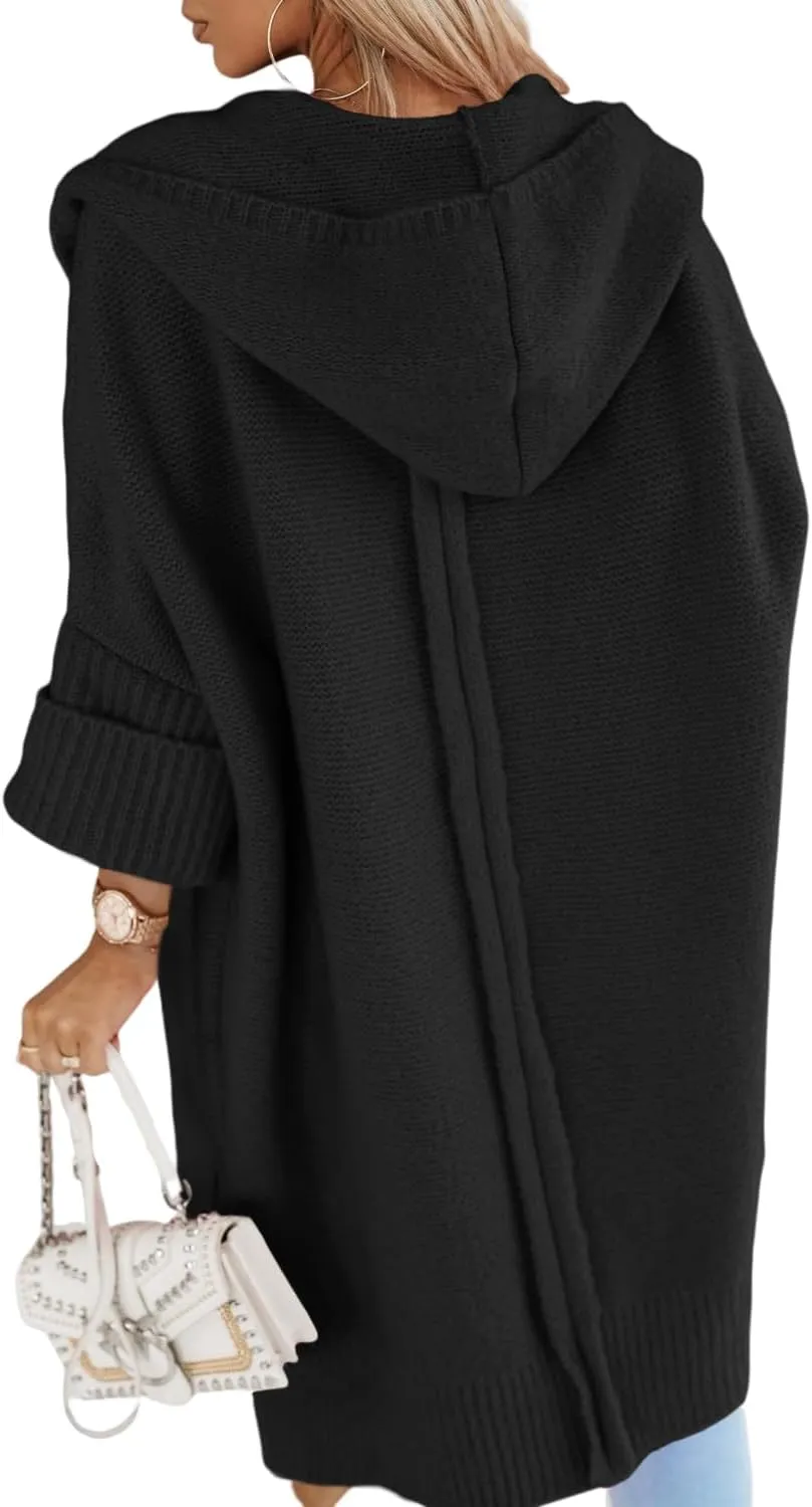 Aoysky Womens Long Cardigans Batwing Sleeve Oversized Cable Knitted Open Front Chunky Hooded Outerwear Sweater Coat