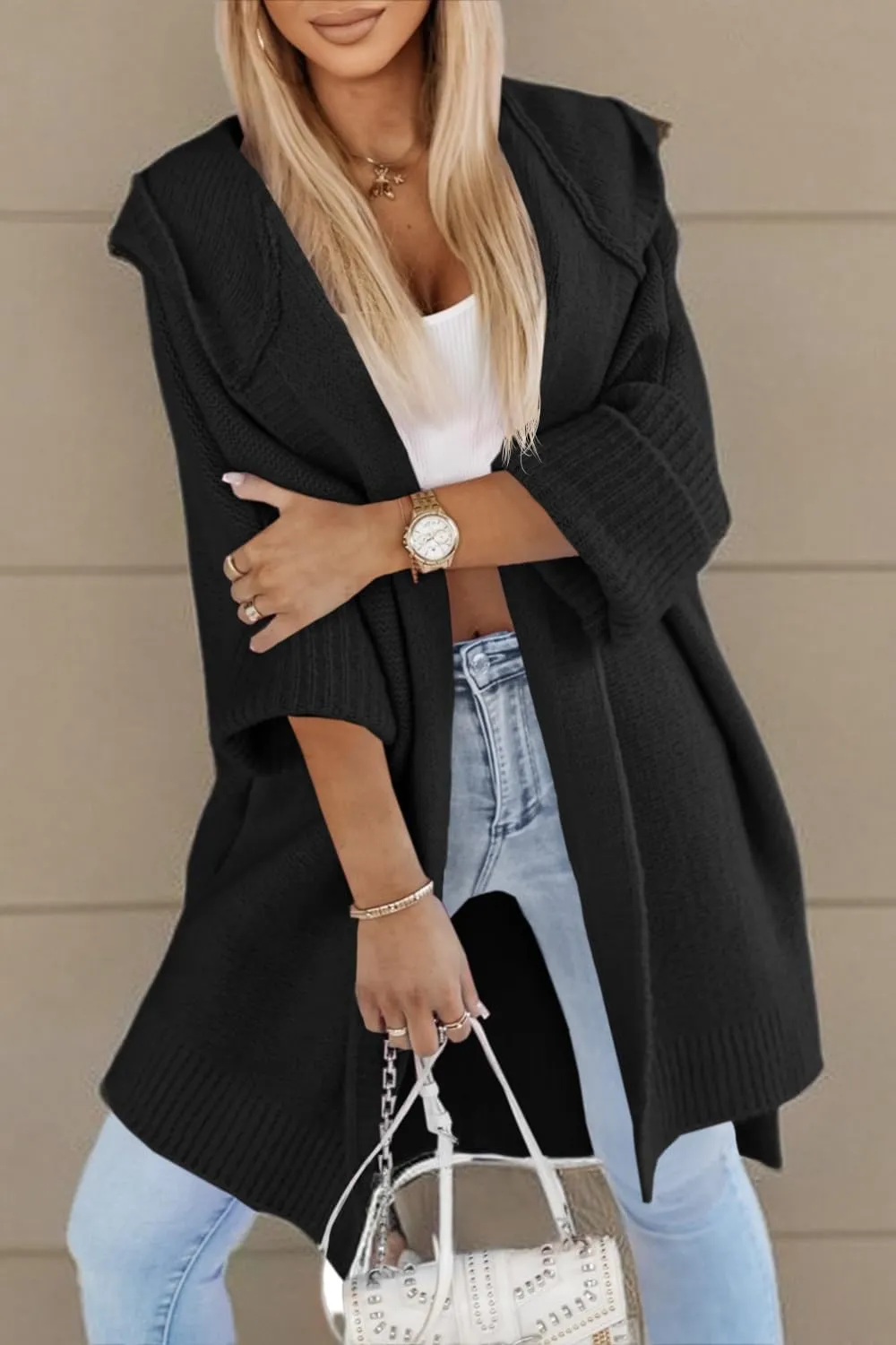 Aoysky Womens Long Cardigans Batwing Sleeve Oversized Cable Knitted Open Front Chunky Hooded Outerwear Sweater Coat