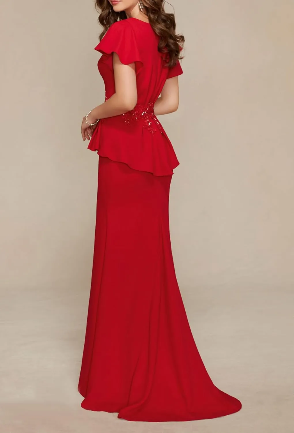 Appliques Mermaid Mother of The Bride Dresses Short Sleeve V Neck Chiffon Mother of The Groom Dresses for Wedding Guest