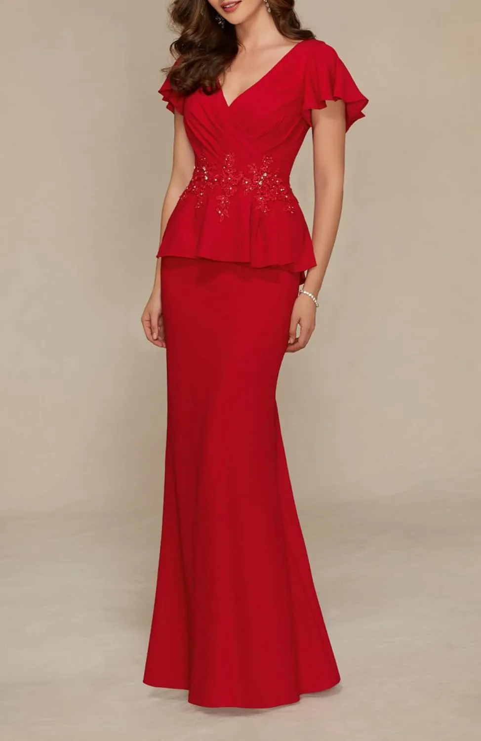 Appliques Mermaid Mother of The Bride Dresses Short Sleeve V Neck Chiffon Mother of The Groom Dresses for Wedding Guest