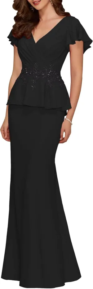 Appliques Mermaid Mother of The Bride Dresses Short Sleeve V Neck Chiffon Mother of The Groom Dresses for Wedding Guest