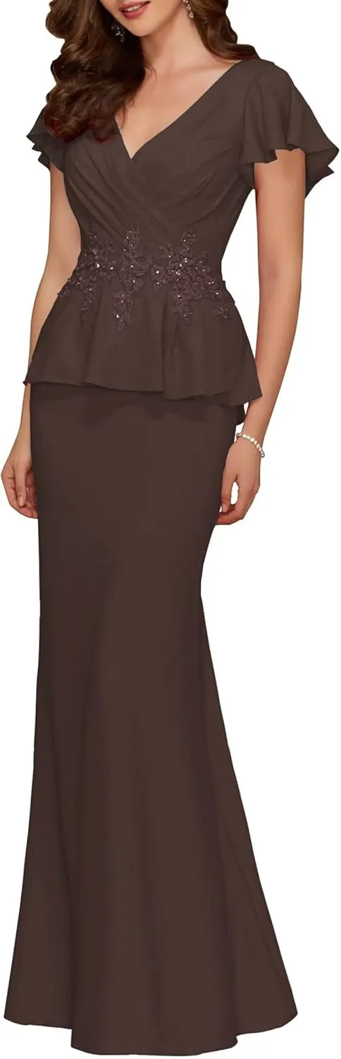 Appliques Mermaid Mother of The Bride Dresses Short Sleeve V Neck Chiffon Mother of The Groom Dresses for Wedding Guest