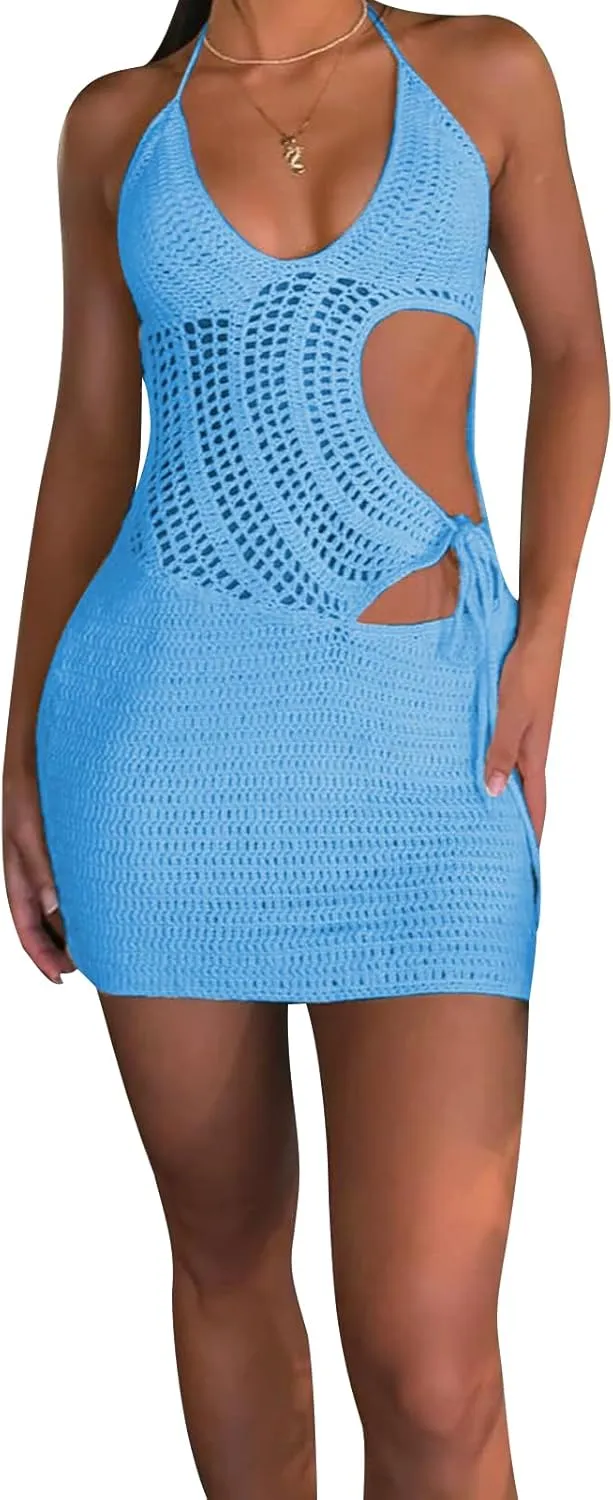 Argeousgor Women Crochet Knit Mini Dress Pearl Sleeveless Backless Short Dress Y2K Hollow Out Cover Up Dresses Beach