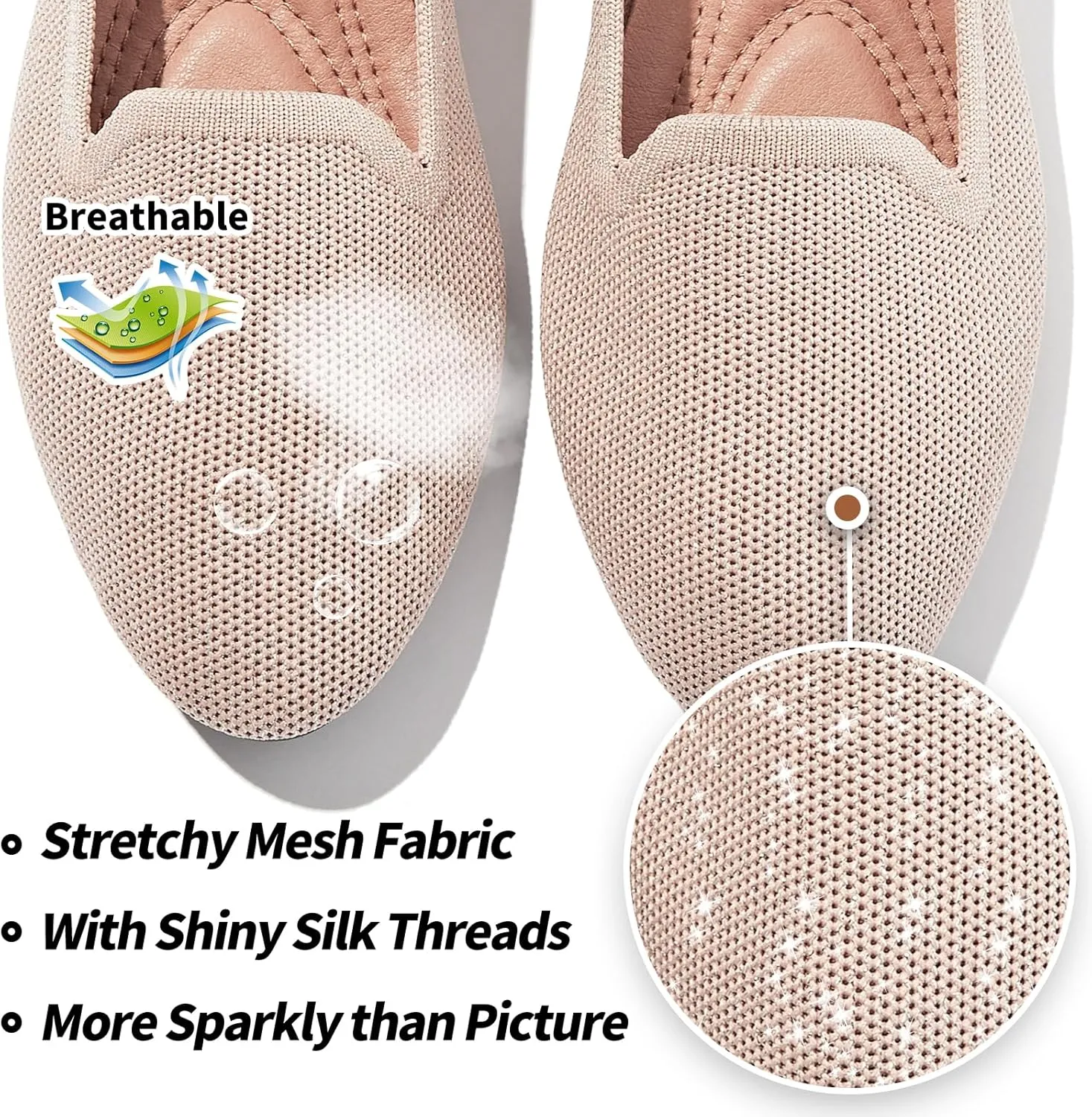 BABUDOG Women's Sparkly Flats Shoes Shiny Mesh Loafers Shoes Soft Memory Foam Flats