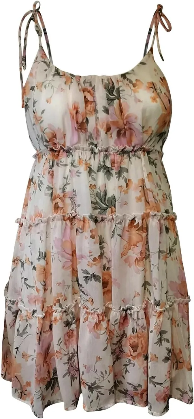 Babydoll Dress for Women Chiffon Spaghetti Strap Backless Floral Mini Dress Flowy Summer Tiered Ruffle Sundress