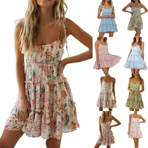 Babydoll Dress for Women Chiffon Spaghetti Strap Backless Floral Mini Dress Flowy Summer Tiered Ruffle Sundress