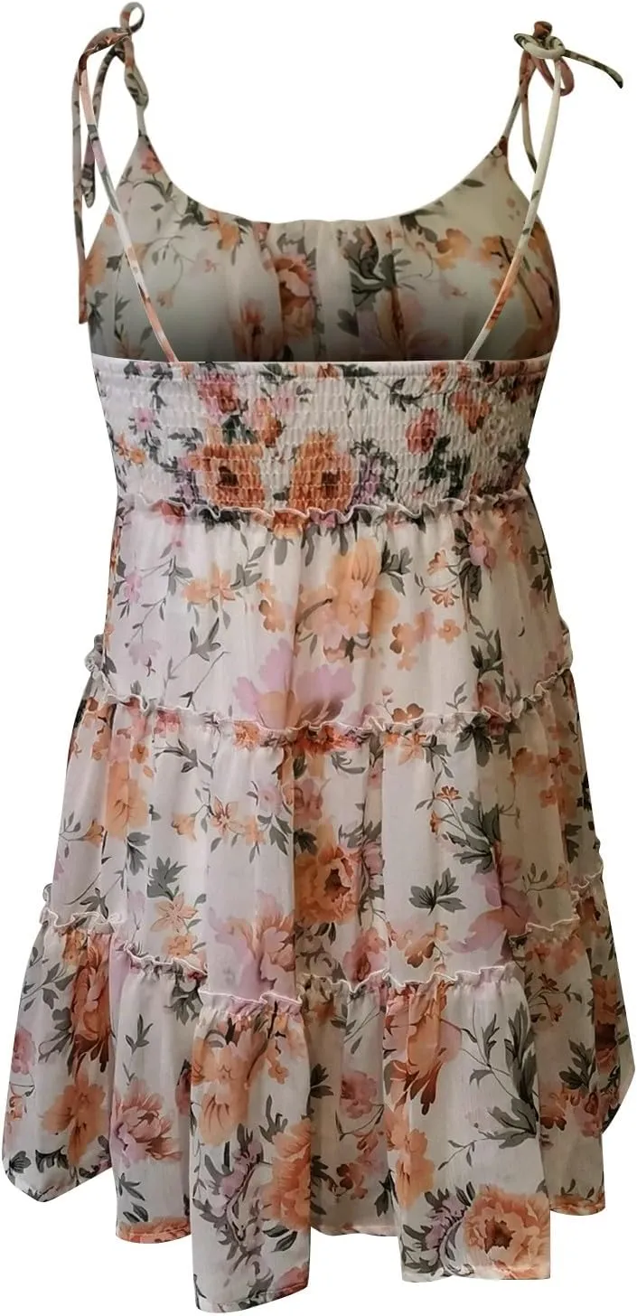 Babydoll Dress for Women Chiffon Spaghetti Strap Backless Floral Mini Dress Flowy Summer Tiered Ruffle Sundress