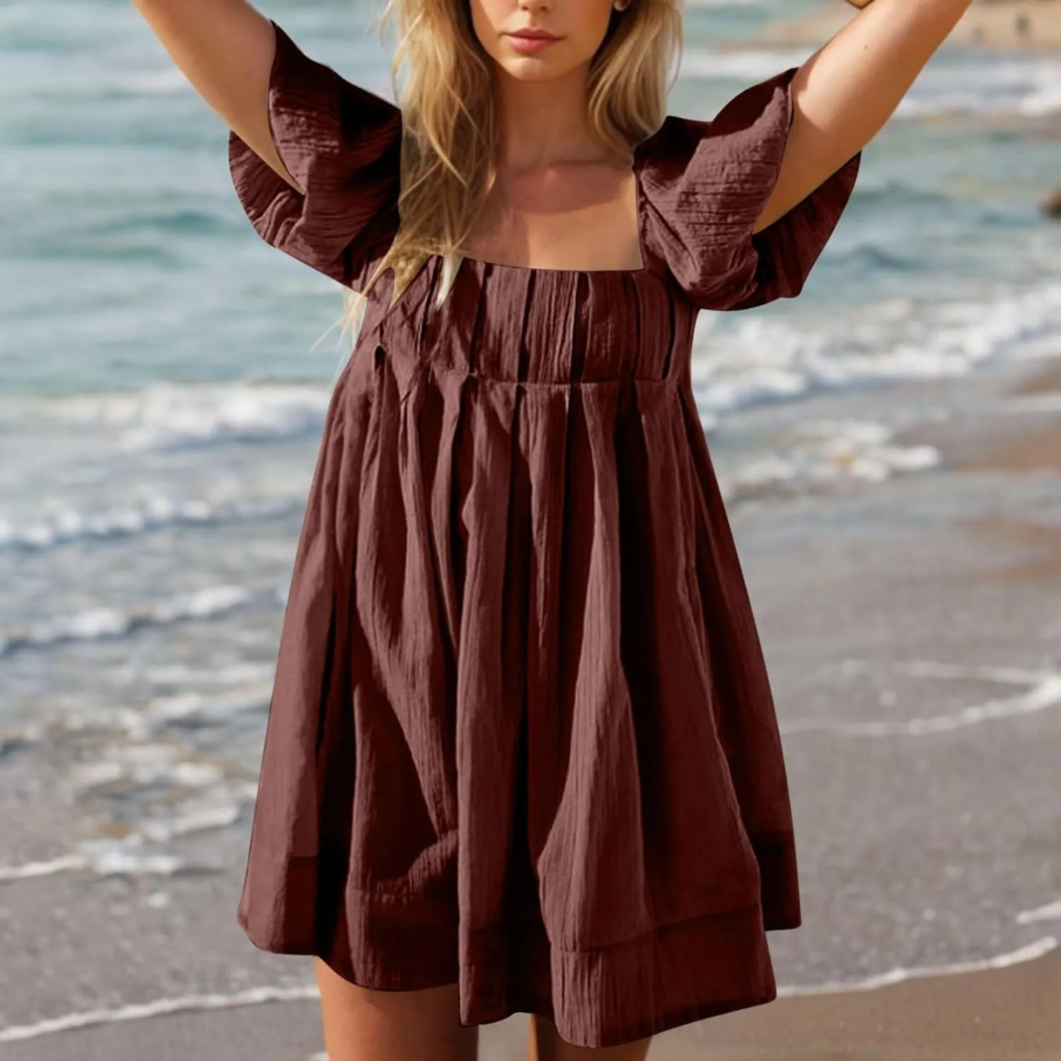 Babydoll Dresses for Women 2025 Cute Puff Short Sleeve Square Neck Tshirt Dress High Waist A Line Dress Mini Dresses