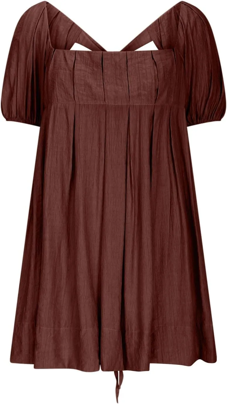Babydoll Dresses for Women 2025 Cute Puff Short Sleeve Square Neck Tshirt Dress High Waist A Line Dress Mini Dresses