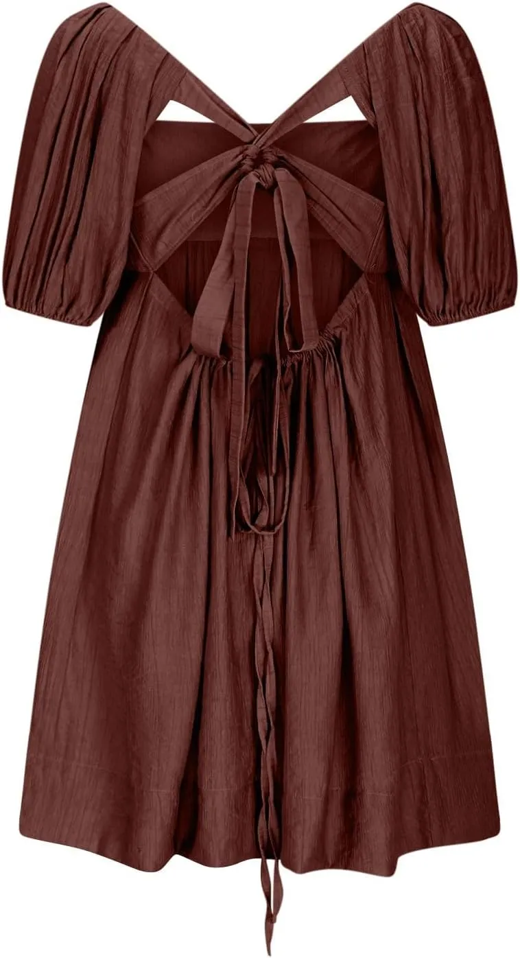Babydoll Dresses for Women 2025 Cute Puff Short Sleeve Square Neck Tshirt Dress High Waist A Line Dress Mini Dresses