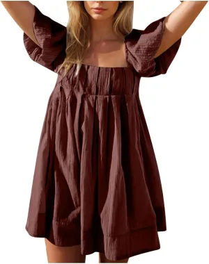 Babydoll Dresses for Women 2025 Cute Puff Short Sleeve Square Neck Tshirt Dress High Waist A Line Dress Mini Dresses