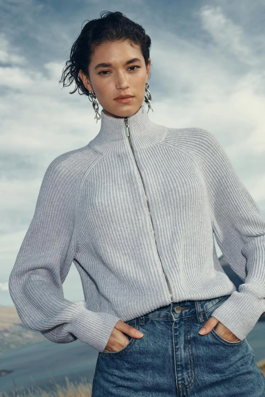 Banjo Zip Knit Cardigan Grey Marle