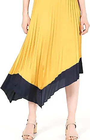 Bar III | Asymmetrical Tipped Pleated Midi Skirt | Varsity Gold | 14