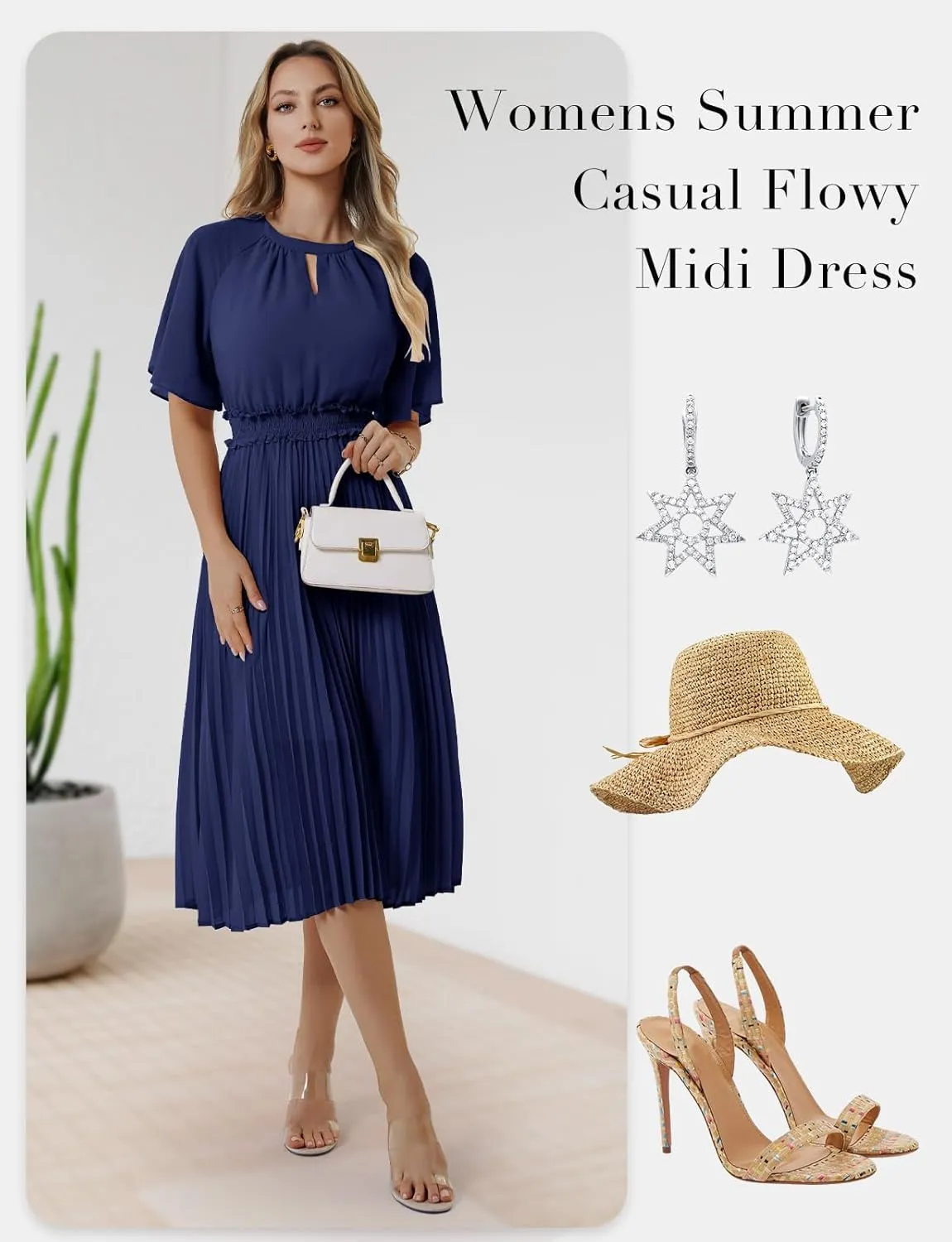 Bbonlinedress Womens Summer Wedding Guest Dress Casual Smocked Flowy Chiffon Short Sleeve Ruffle Pleated Midi Dresses