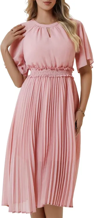 Bbonlinedress Womens Summer Wedding Guest Dress Casual Smocked Flowy Chiffon Short Sleeve Ruffle Pleated Midi Dresses