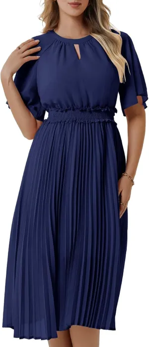 Bbonlinedress Womens Summer Wedding Guest Dress Casual Smocked Flowy Chiffon Short Sleeve Ruffle Pleated Midi Dresses