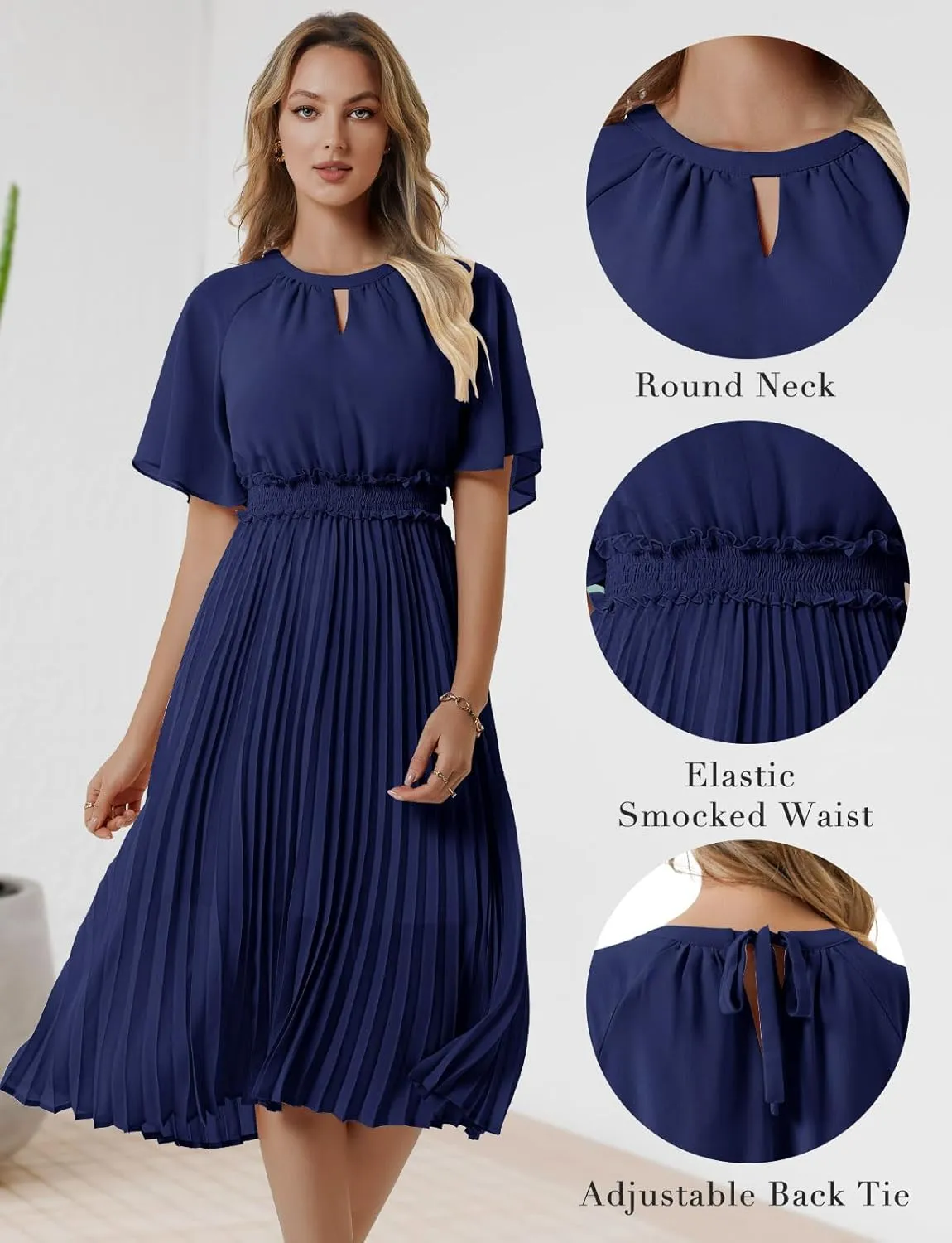 Bbonlinedress Womens Summer Wedding Guest Dress Casual Smocked Flowy Chiffon Short Sleeve Ruffle Pleated Midi Dresses
