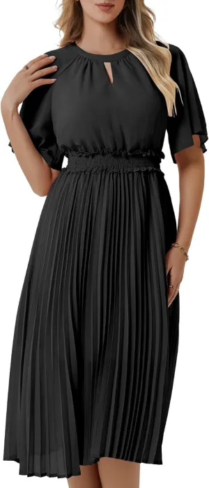 Bbonlinedress Womens Summer Wedding Guest Dress Casual Smocked Flowy Chiffon Short Sleeve Ruffle Pleated Midi Dresses