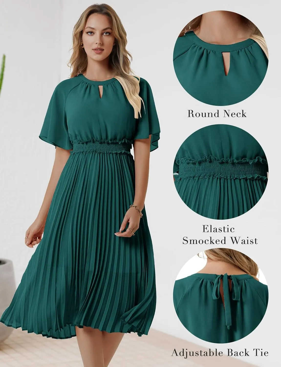 Bbonlinedress Womens Summer Wedding Guest Dress Casual Smocked Flowy Chiffon Short Sleeve Ruffle Pleated Midi Dresses