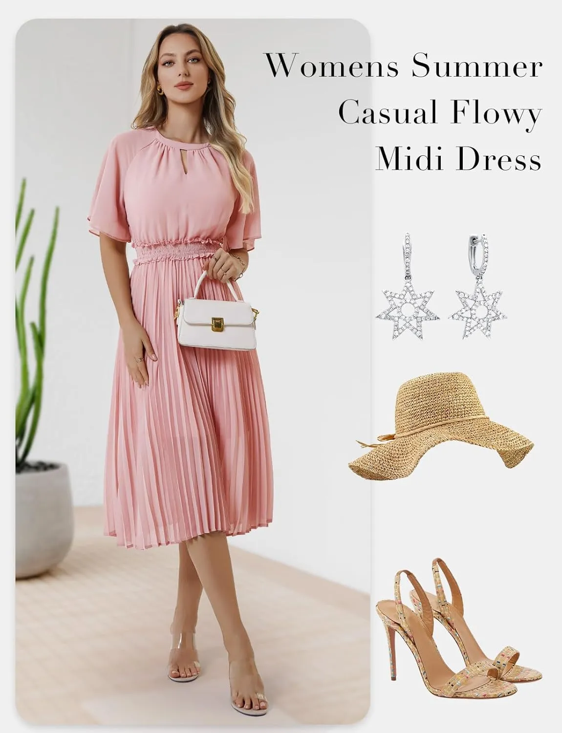 Bbonlinedress Womens Summer Wedding Guest Dress Casual Smocked Flowy Chiffon Short Sleeve Ruffle Pleated Midi Dresses