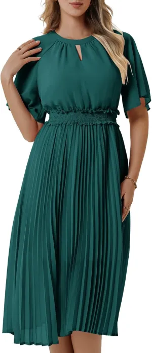 Bbonlinedress Womens Summer Wedding Guest Dress Casual Smocked Flowy Chiffon Short Sleeve Ruffle Pleated Midi Dresses