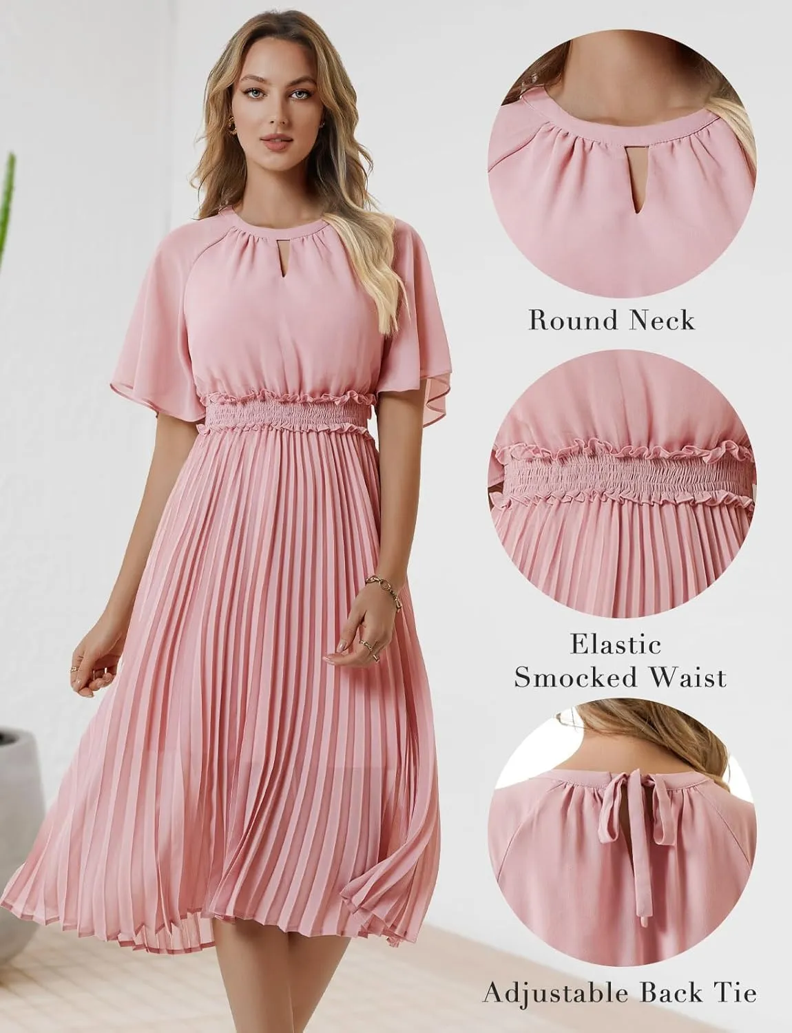 Bbonlinedress Womens Summer Wedding Guest Dress Casual Smocked Flowy Chiffon Short Sleeve Ruffle Pleated Midi Dresses