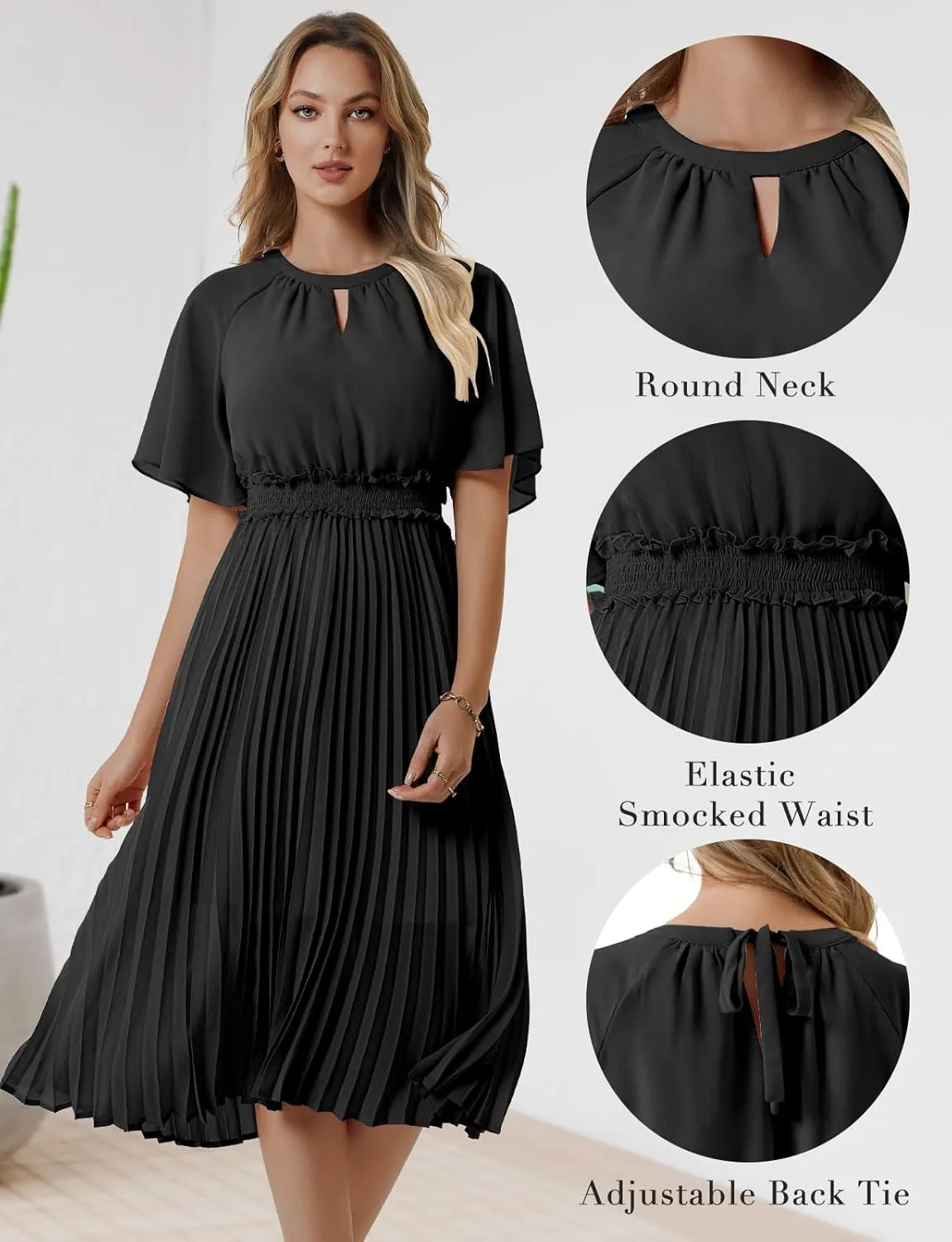 Bbonlinedress Womens Summer Wedding Guest Dress Casual Smocked Flowy Chiffon Short Sleeve Ruffle Pleated Midi Dresses