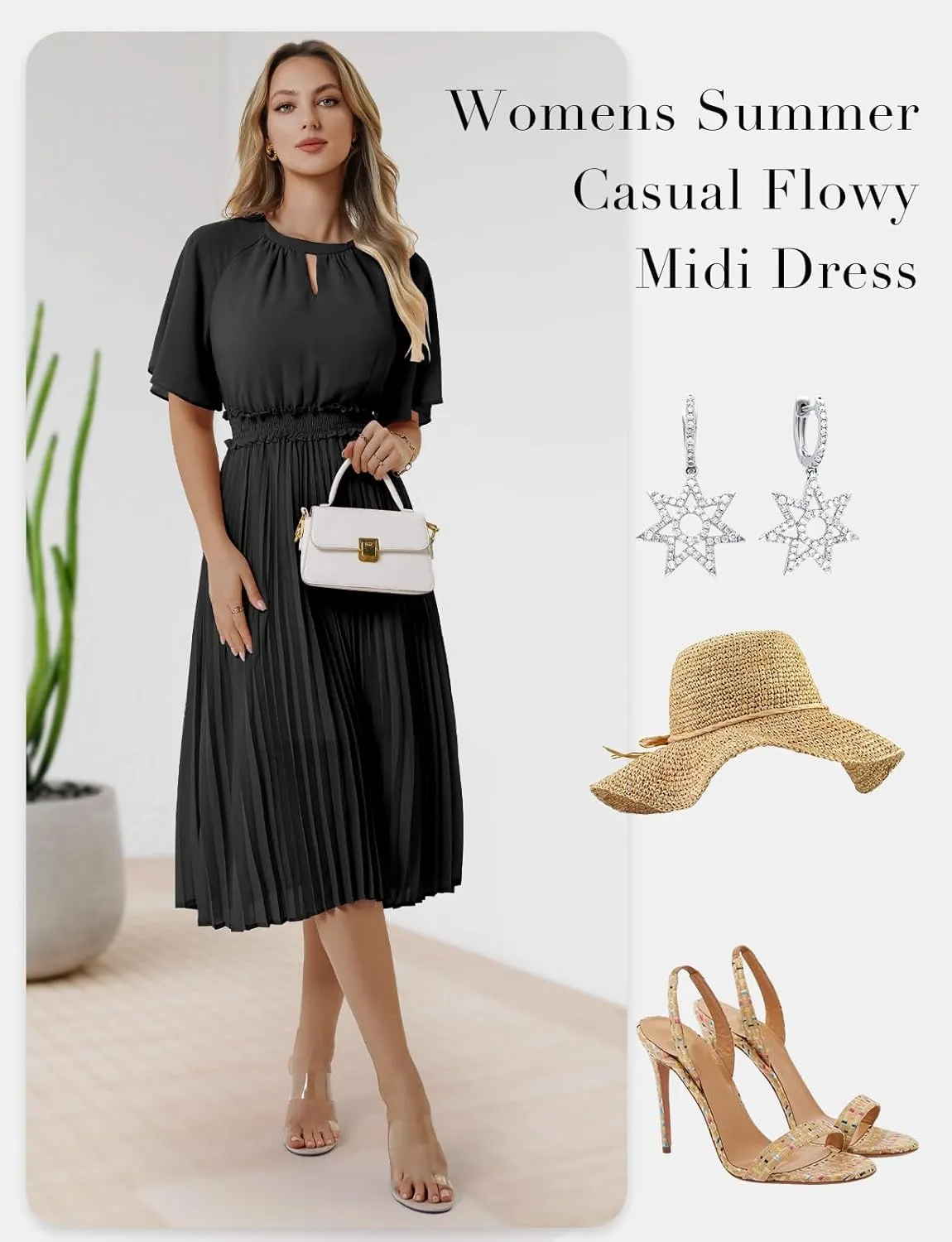 Bbonlinedress Womens Summer Wedding Guest Dress Casual Smocked Flowy Chiffon Short Sleeve Ruffle Pleated Midi Dresses