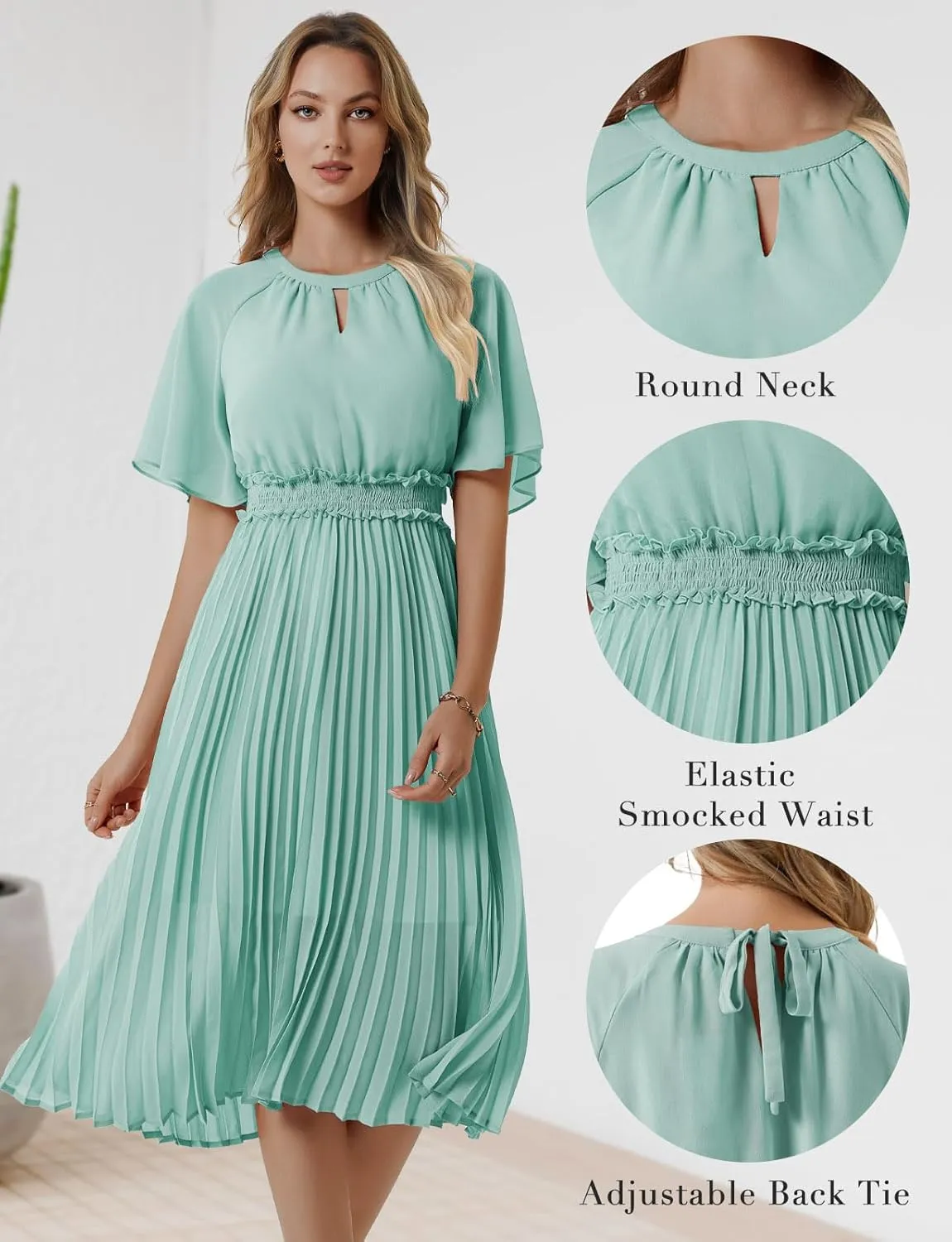 Bbonlinedress Womens Summer Wedding Guest Dress Casual Smocked Flowy Chiffon Short Sleeve Ruffle Pleated Midi Dresses