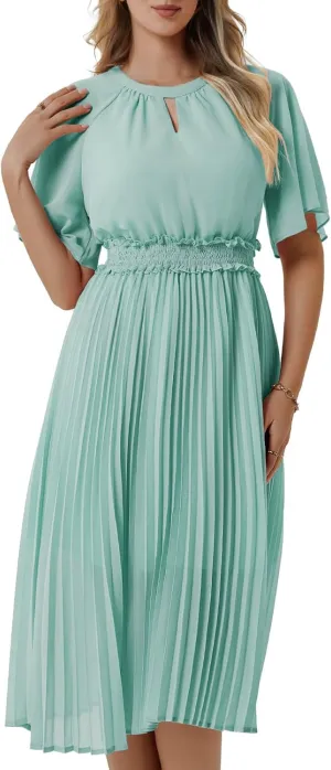 Bbonlinedress Womens Summer Wedding Guest Dress Casual Smocked Flowy Chiffon Short Sleeve Ruffle Pleated Midi Dresses