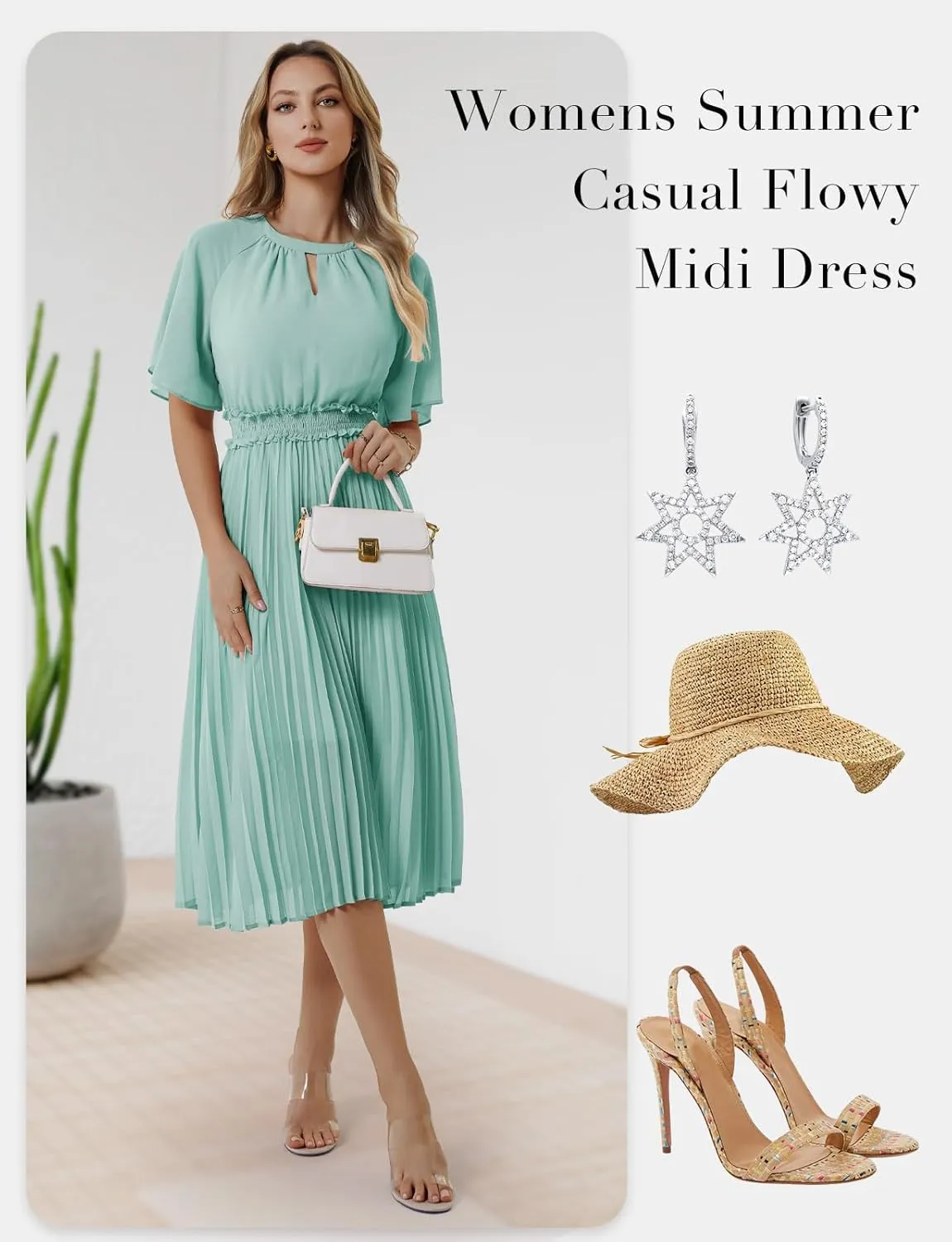 Bbonlinedress Womens Summer Wedding Guest Dress Casual Smocked Flowy Chiffon Short Sleeve Ruffle Pleated Midi Dresses