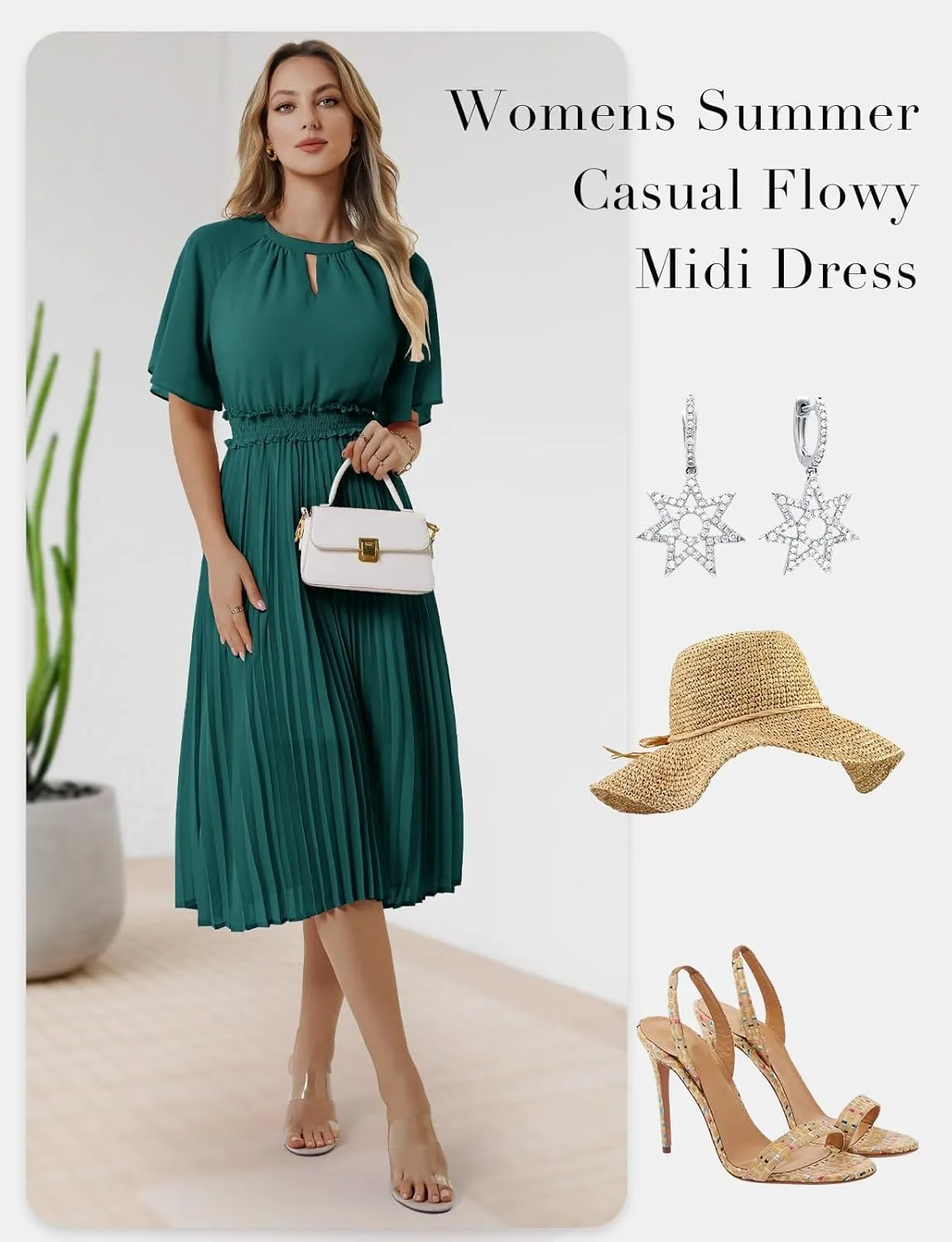 Bbonlinedress Womens Summer Wedding Guest Dress Casual Smocked Flowy Chiffon Short Sleeve Ruffle Pleated Midi Dresses