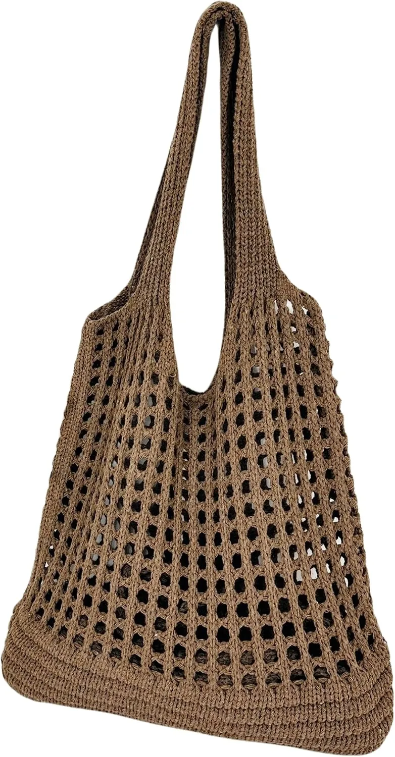 Beach Bag Cute Aesthetic Large Crochet Mesh Woven Packable Tote Summer Bags for Women (Brown)
