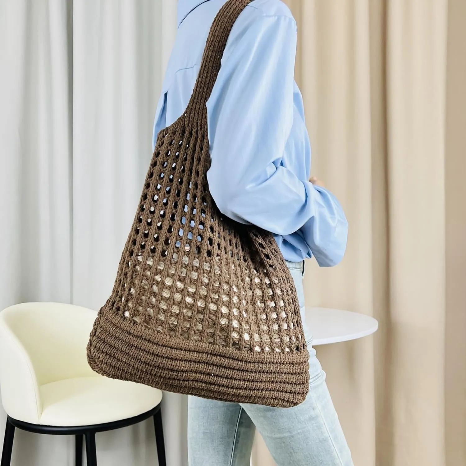 Beach Bag Cute Aesthetic Large Crochet Mesh Woven Packable Tote Summer Bags for Women (Brown)