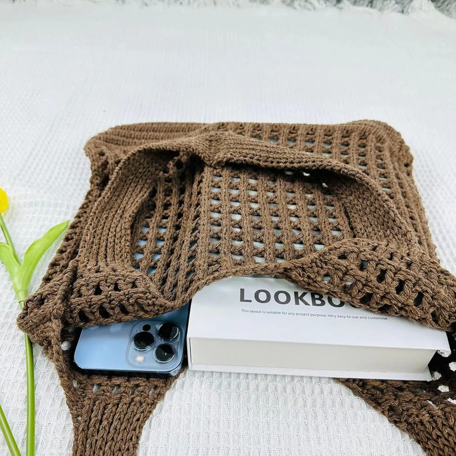 Beach Bag Cute Aesthetic Large Crochet Mesh Woven Packable Tote Summer Bags for Women (Brown)
