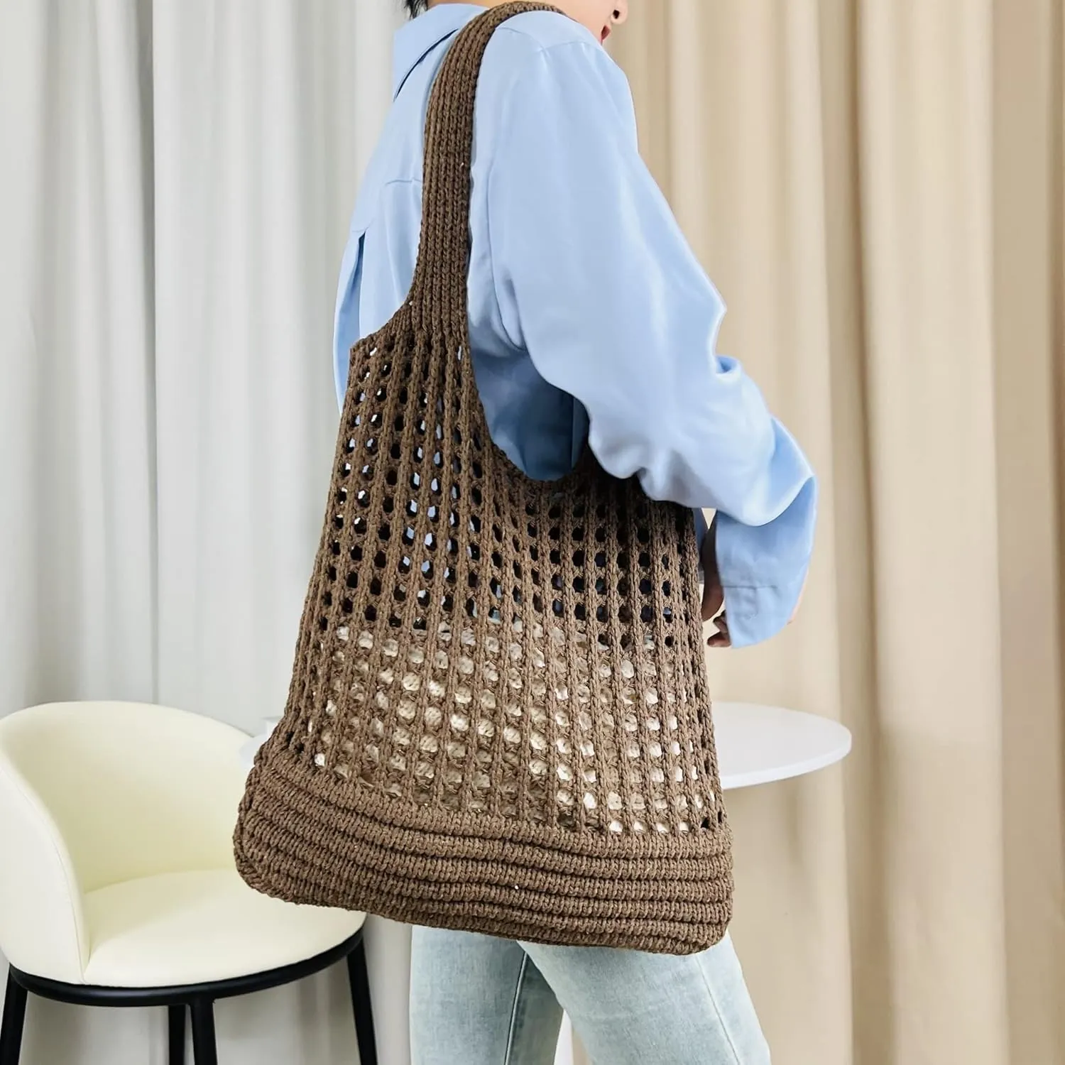 Beach Bag Cute Aesthetic Large Crochet Mesh Woven Packable Tote Summer Bags for Women (Brown)