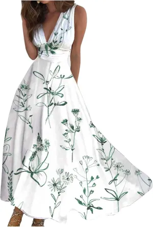 Beach Dresses for Women,Spring Summer Trendy Elegant V Neck Wrap Floral Boho Dress Flowy Ruched Hawaiian Maxi Dress