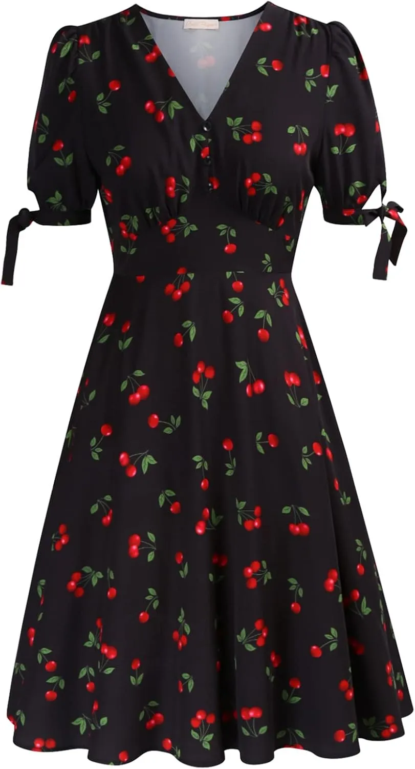 Belle Poque Women Vintage Dress V Neck Puff Sleeve Cocktail Dresses Vintage Tea Party Dresses