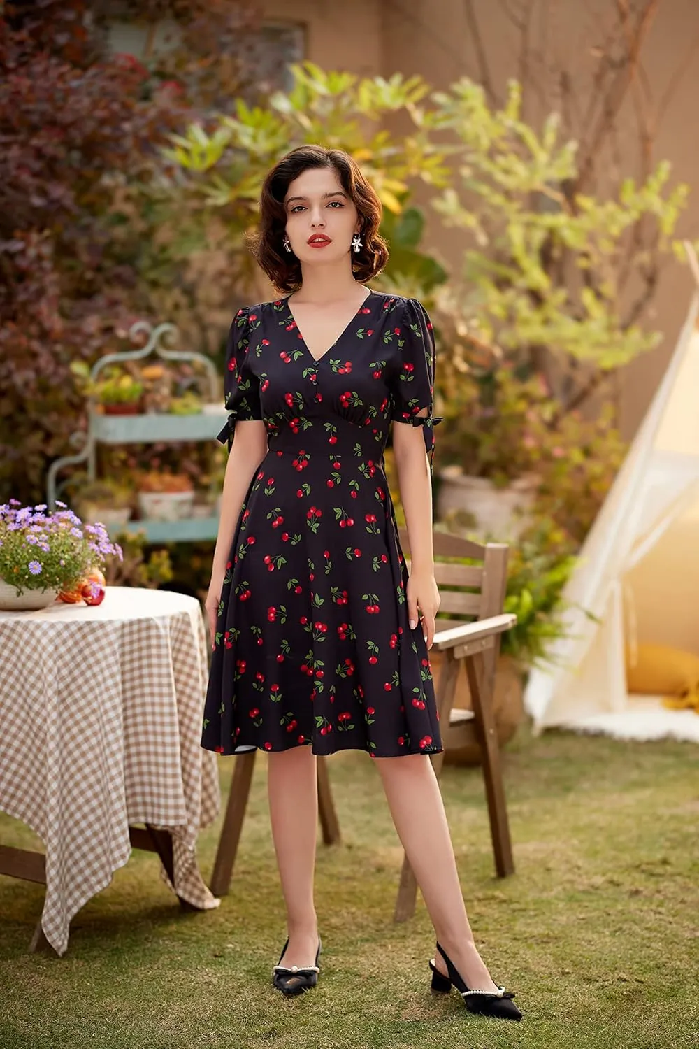 Belle Poque Women Vintage Dress V Neck Puff Sleeve Cocktail Dresses Vintage Tea Party Dresses