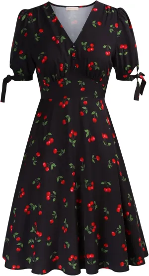 Belle Poque Women Vintage Dress V Neck Puff Sleeve Cocktail Dresses Vintage Tea Party Dresses