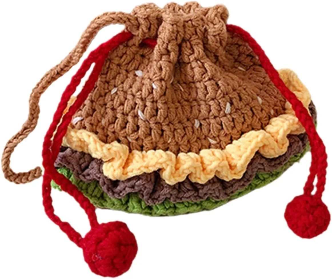 BESPORTBLE Hand-woven Hamburger Crossbody Bag Drawstring Small for Women Multifunctional Storage Bag Crochet Design for Headphones