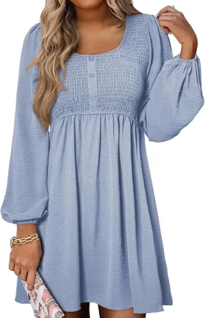Big Swing Dress for Women Square Neck Long Sleeve Front Button Mini Dresses Waist Ruffle A-Line Bubble Wedding Dress
