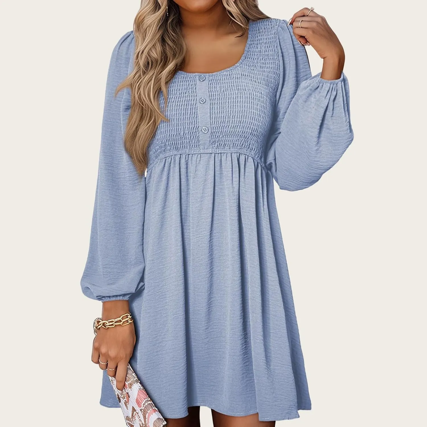 Big Swing Dress for Women Square Neck Long Sleeve Front Button Mini Dresses Waist Ruffle A-Line Bubble Wedding Dress