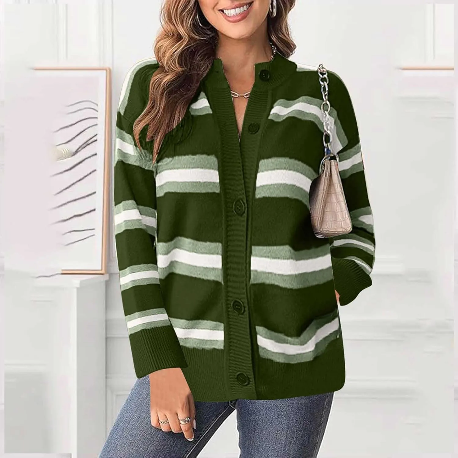Blue Striped Cardigan for Women Button Up Long Sleeve Knit Sweater Casual Cozy Fall Cardigan for Everyday Wear