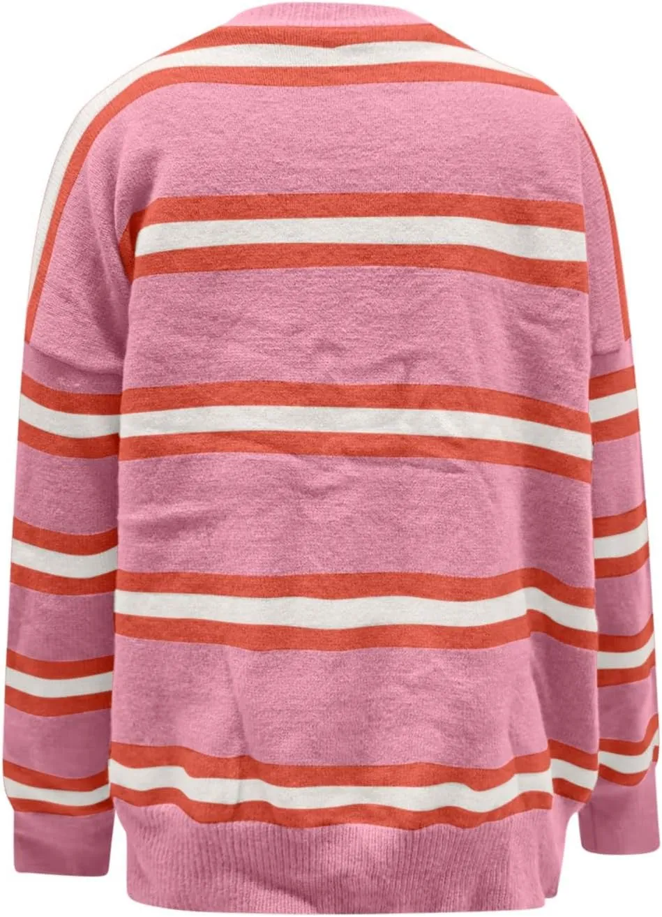Blue Striped Cardigan for Women Button Up Long Sleeve Knit Sweater Casual Cozy Fall Cardigan for Everyday Wear