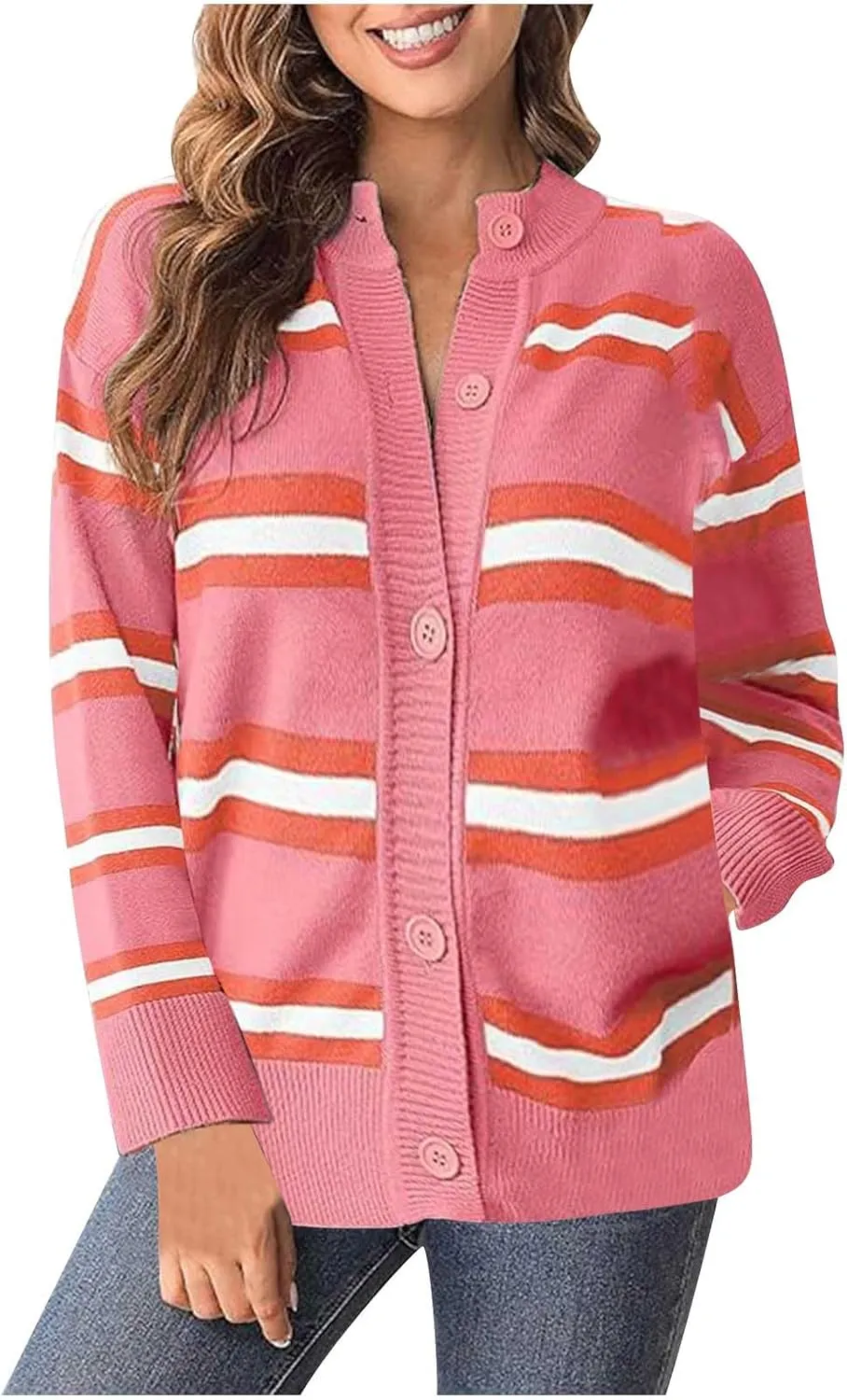 Blue Striped Cardigan for Women Button Up Long Sleeve Knit Sweater Casual Cozy Fall Cardigan for Everyday Wear