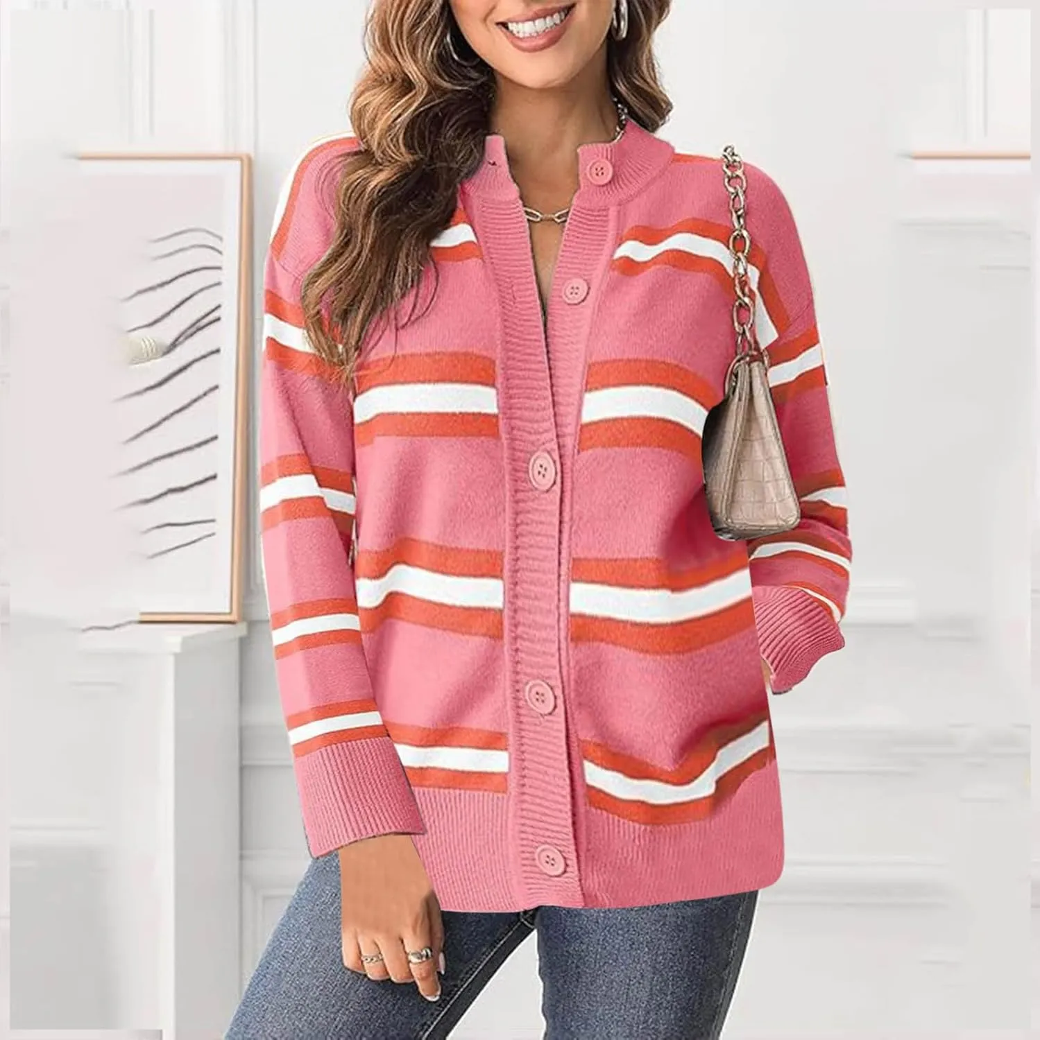Blue Striped Cardigan for Women Button Up Long Sleeve Knit Sweater Casual Cozy Fall Cardigan for Everyday Wear