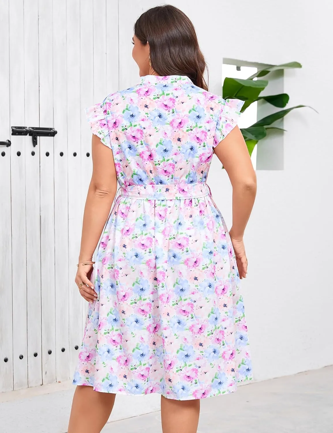 BLUEMING Women's Plus Size Summer Floral Dress V-Neck A-Line Cap Sleeve Belted Waist Midi Dress with Pockets