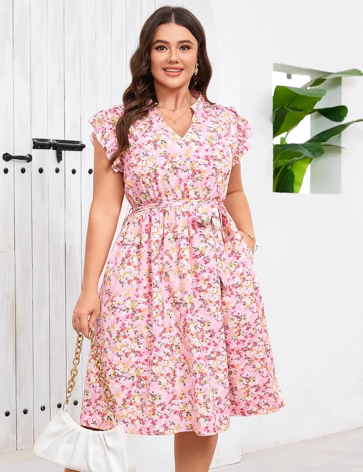 BLUEMING Women's Plus Size Summer Floral Dress V-Neck A-Line Cap Sleeve Belted Waist Midi Dress with Pockets